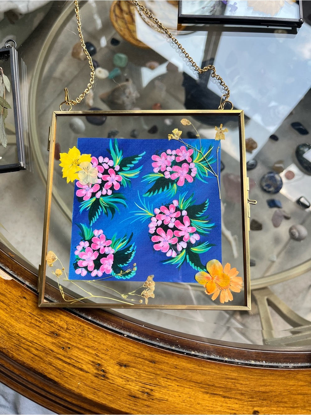 Handcrafted Floral Glass Frame - Blue & Pink